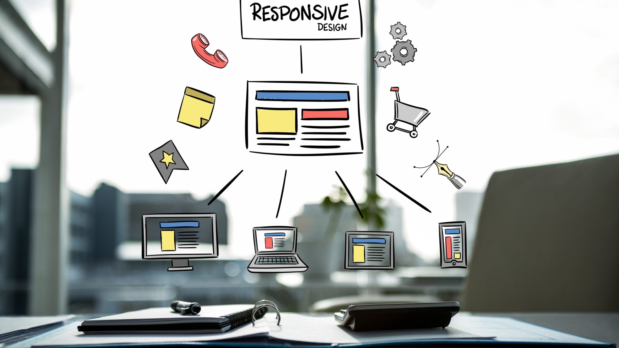 digital composite of business graphics with office background